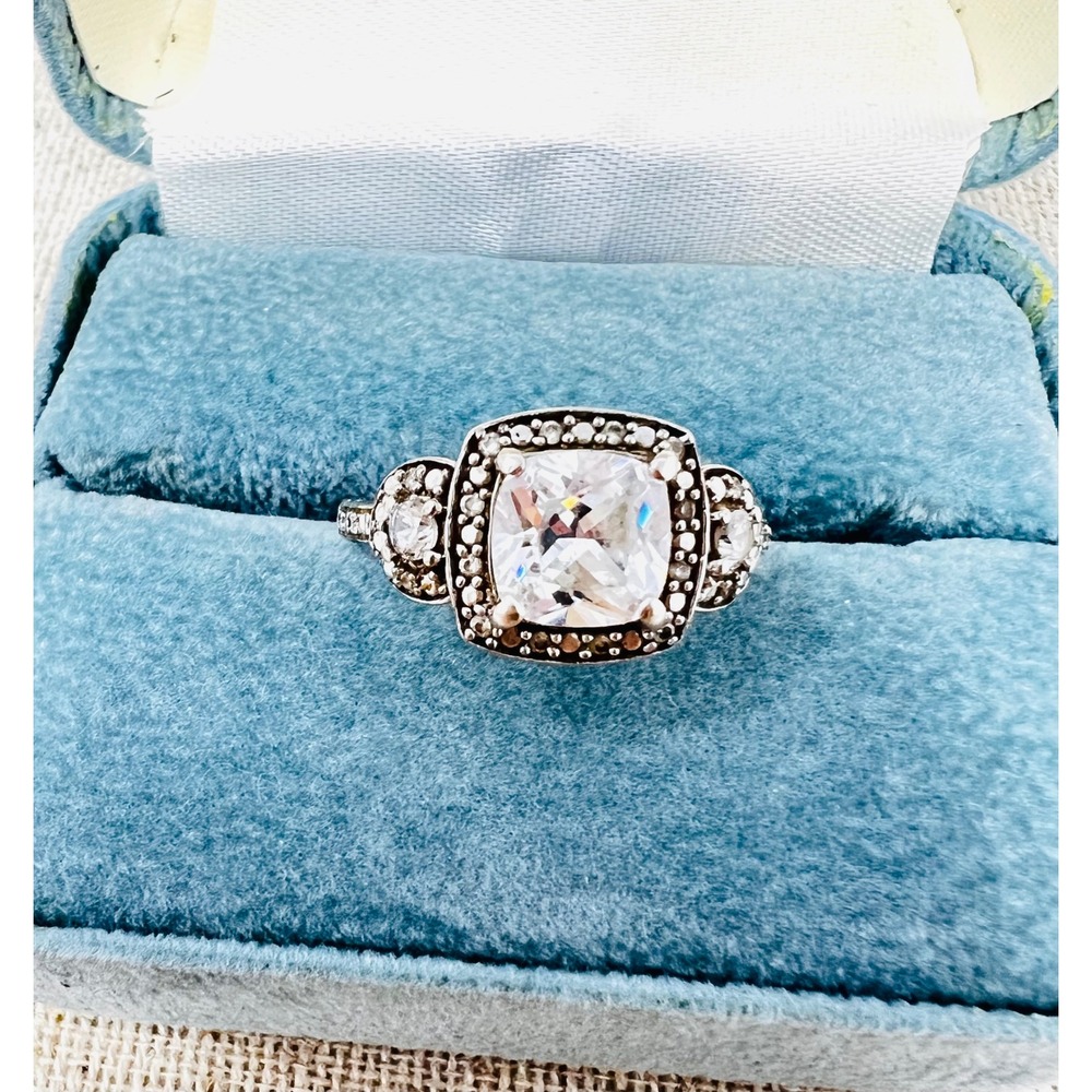 Sterling Silver Cushion Cut Clear Stone Halo Statement Ring Filigree Size 8